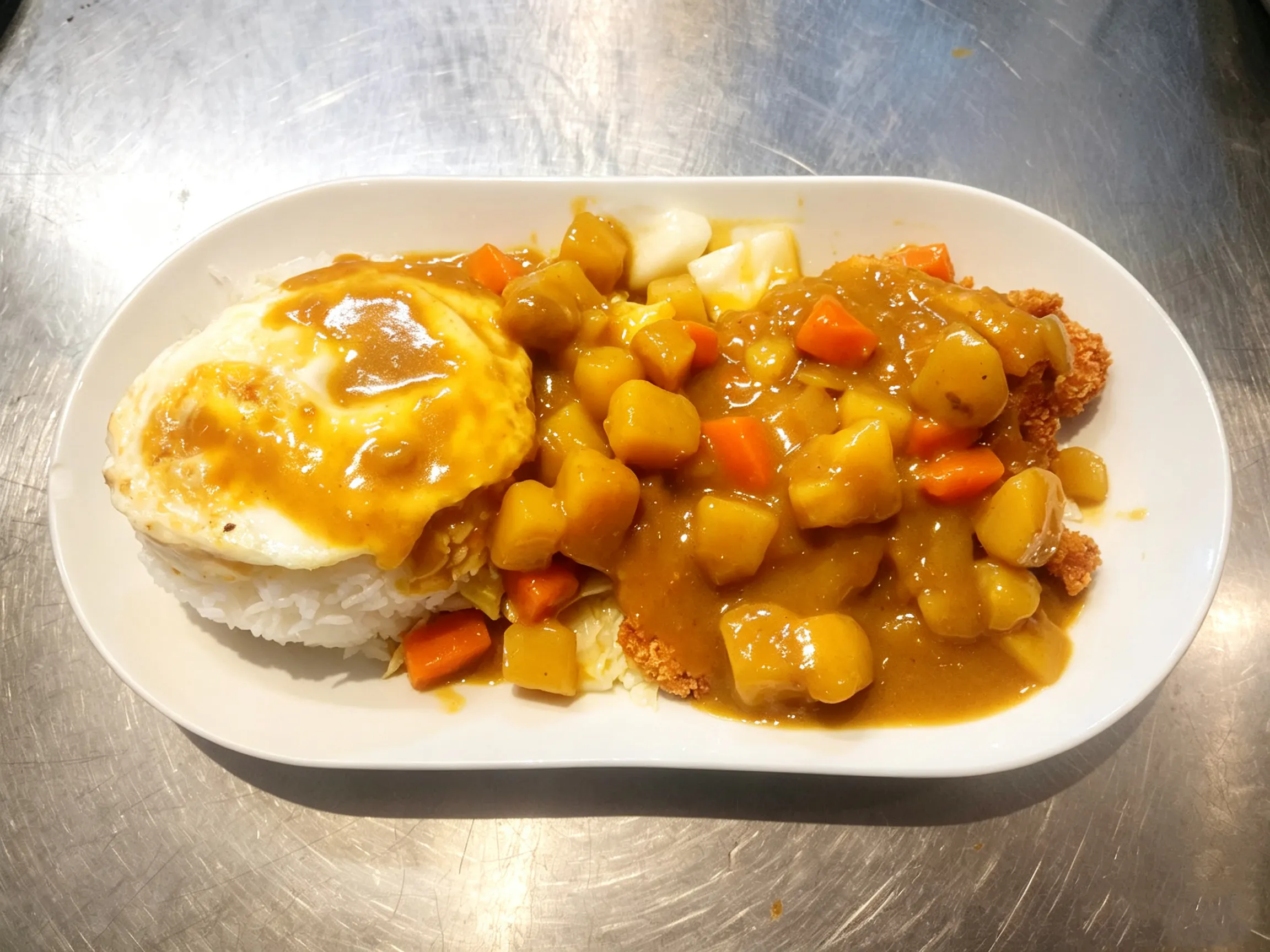 Curry pork cutlet rice served with fried egg, potato and carrot curry sauce at Yijia Kitchen，a Chinese Restaurant in Arcadia