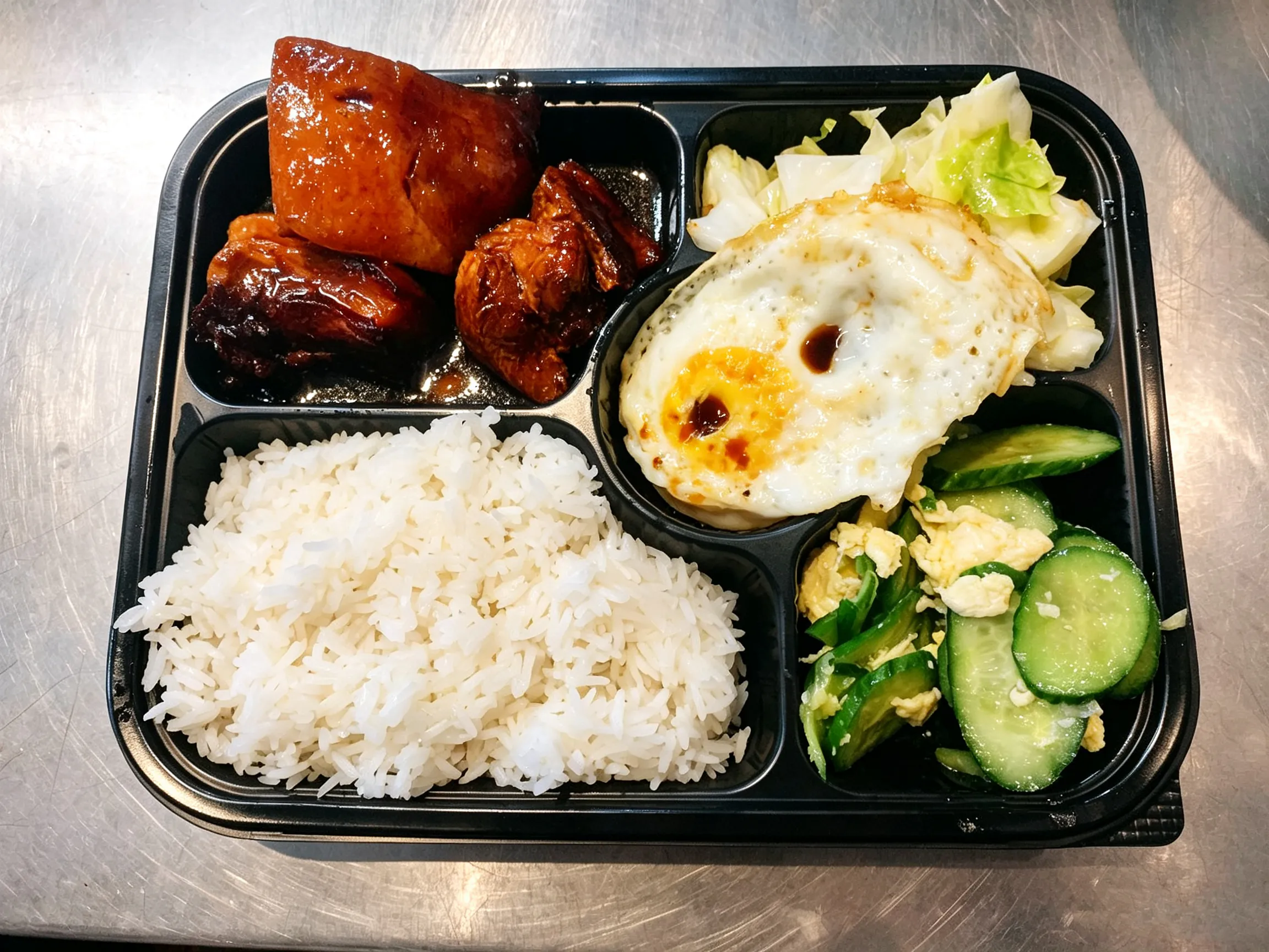 Braised pork bento box with rice, fried egg and mixed vegetable sides at Yijia Kitchen，a Chinese Restaurant in Arcadia