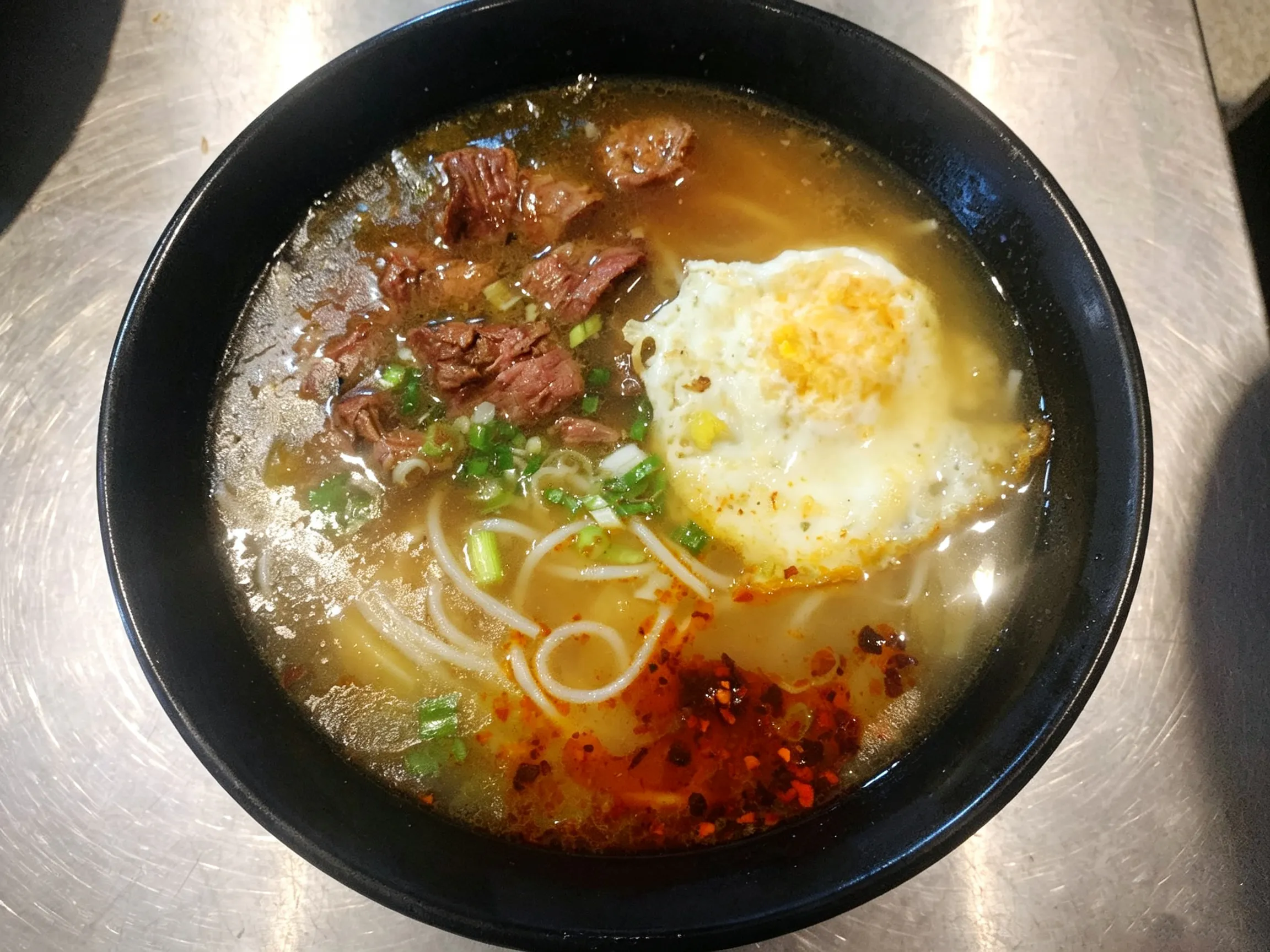 Beef noodle soup with poached egg, green onions and chili oil in black bowl at Yijia Kitchen，a Chinese Restaurant in Arcadia