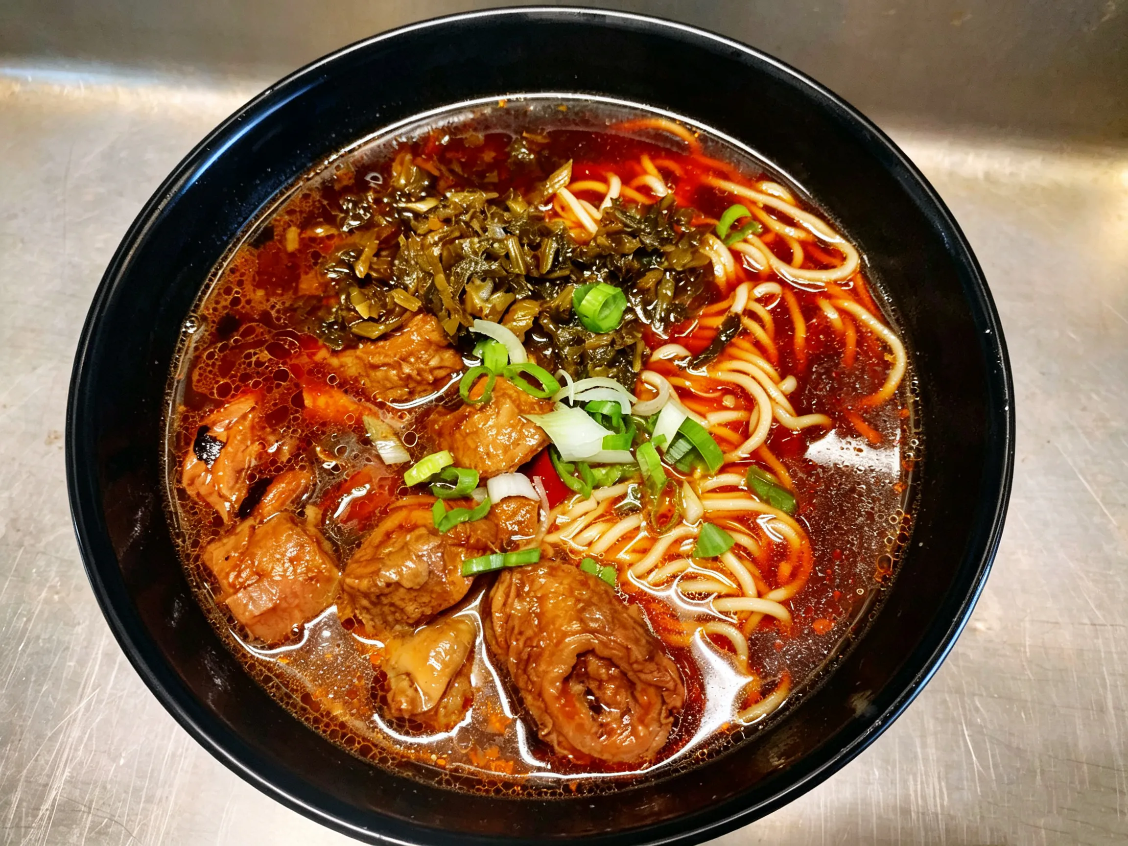 Spicy beef noodle soup with pickled mustard greens and fresh green onions at Yijia Kitchen，a Chinese Restaurant in Arcadia